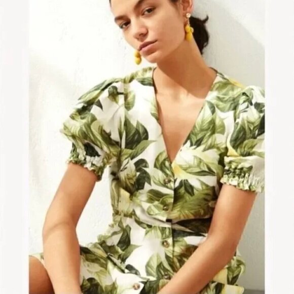 H&M Linen Blend Mini Dress S Lemon Leaf Print Cotton Blogger Fav Summer Vacation - Picture 6 of 14